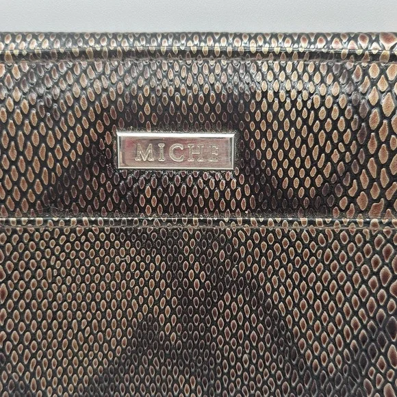 Miche Purse Shell Clutch Snake Print Faux Leather Bronze Brown Magnetic Closure - Picture 2 of 10